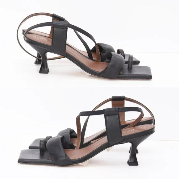 ALOHAS Asymmetrical Black Leather Heeled Open Toe Square Toe Sandal Shoes 40 US9 - Picture 3 of 16